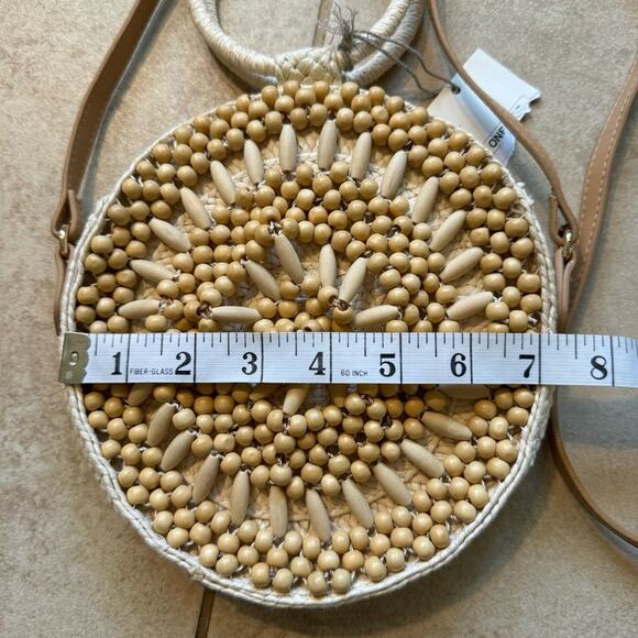 A New Day Boho Round Crossbody Handle Bag Beaded Straw Neutral Tan Purse - Picture 4 of 8
